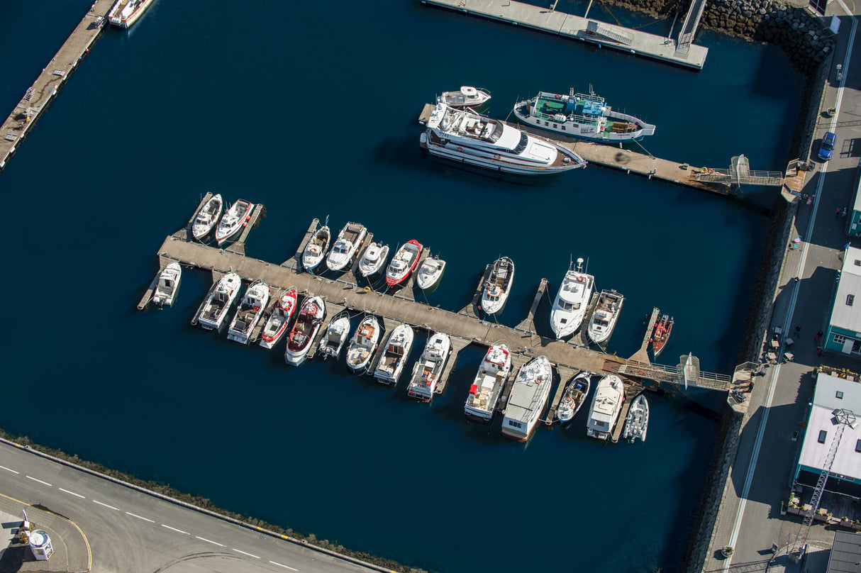 Aerial view of marina in Iceland with Polyform US Polyguard dock moulding