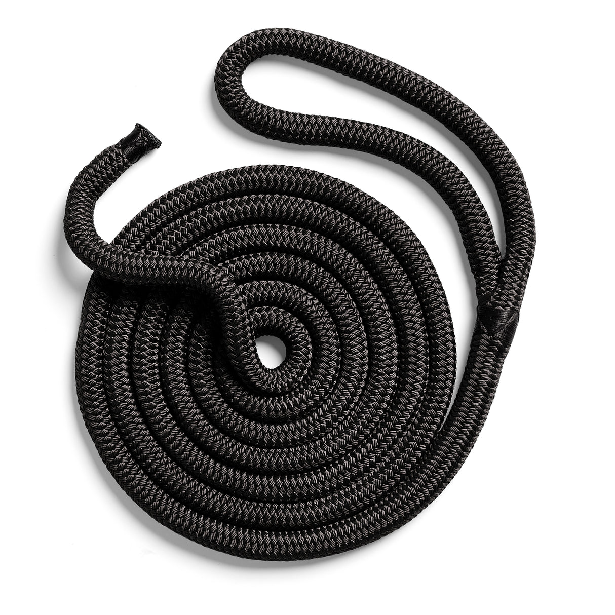 Polyform US boat fender line, spliced eye, whiplocked double braid nylon, ten feet long, five eighths inch diameter, black