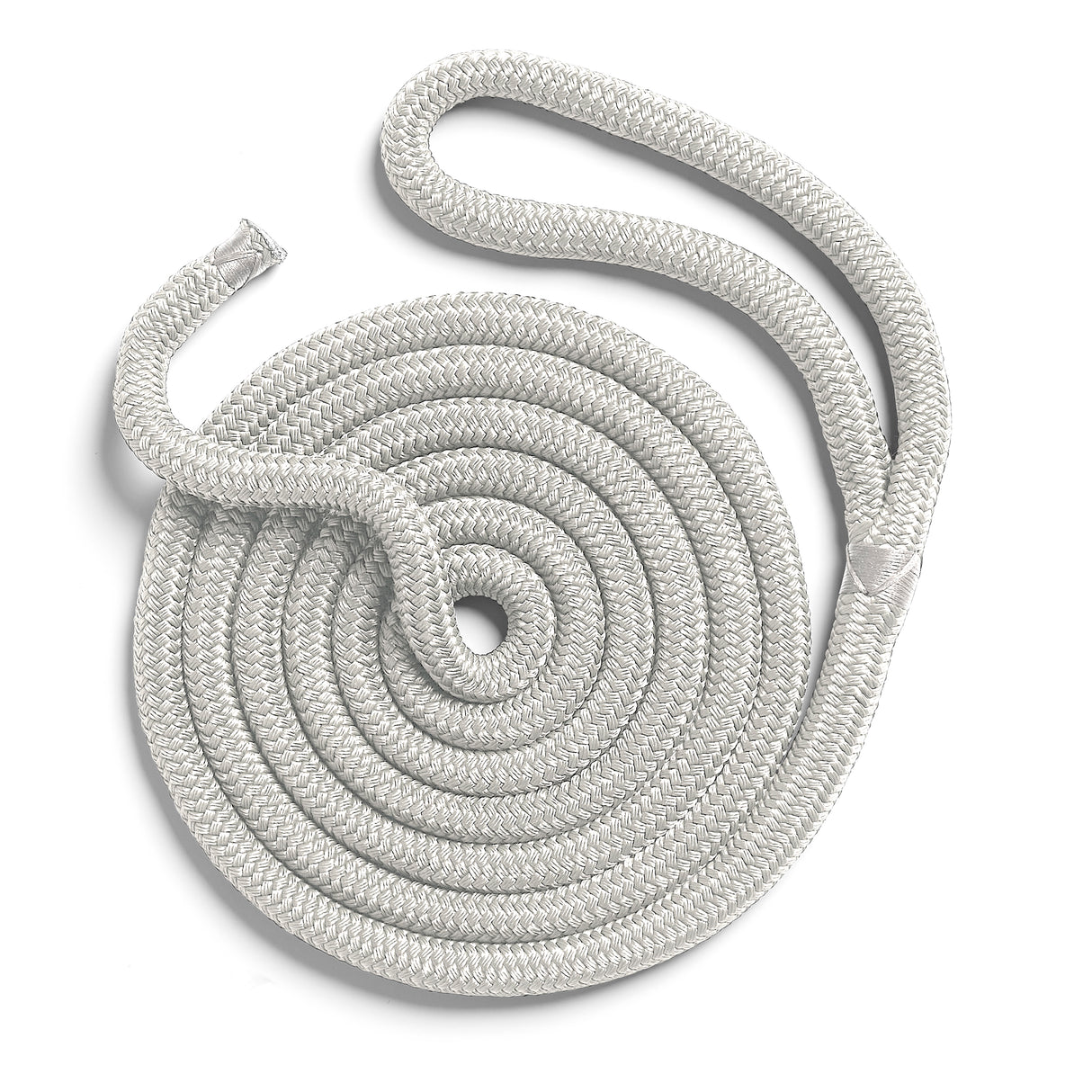 Polyform US boat fender line, spliced eye, whiplocked double braid nylon, ten feet long, five eighths inch diameter, white