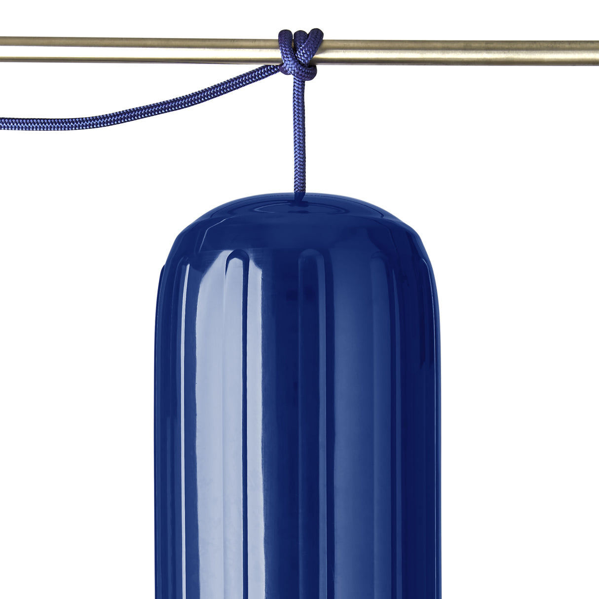 Polyform US boat fender line, whiplocked double braid nylon, blue, closeup, tied to rail, vertical