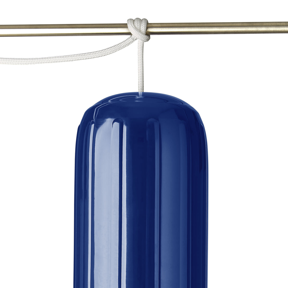 Polyform US boat fender line, whiplocked double braid nylon, white, closeup, tied to rail, vertical