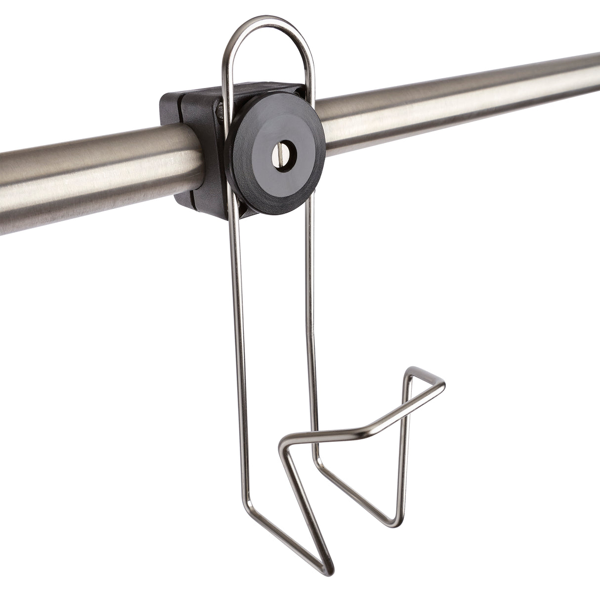 Stainless steel, rail mounted cup holder, shown at an angle