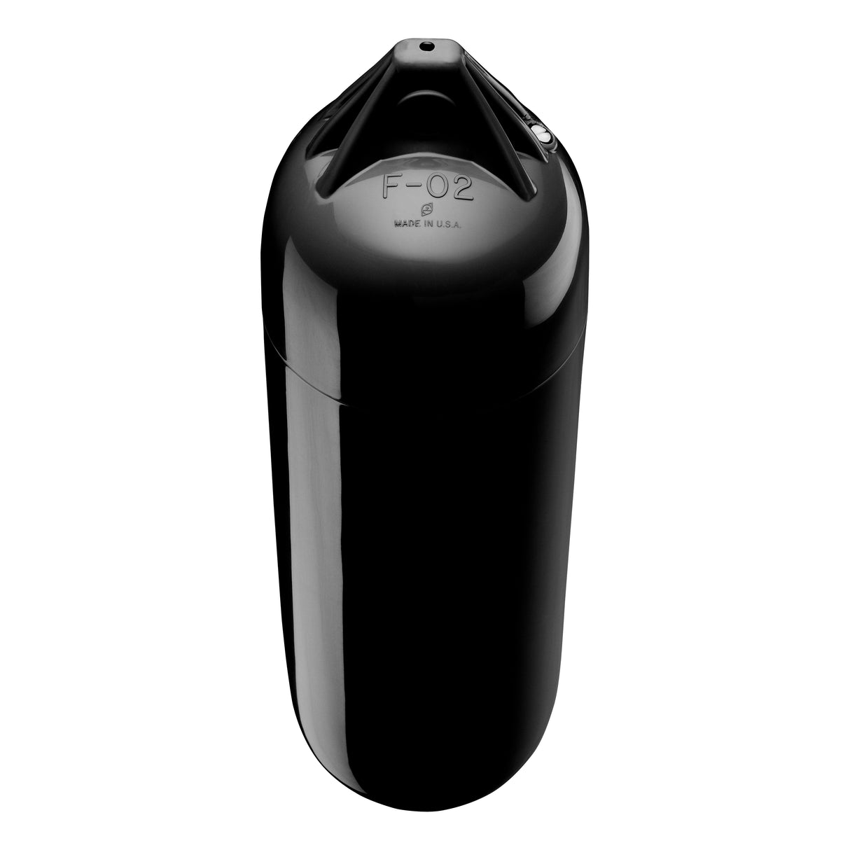 Black boat fender with Black-Top, Polyform F-02 angled shot