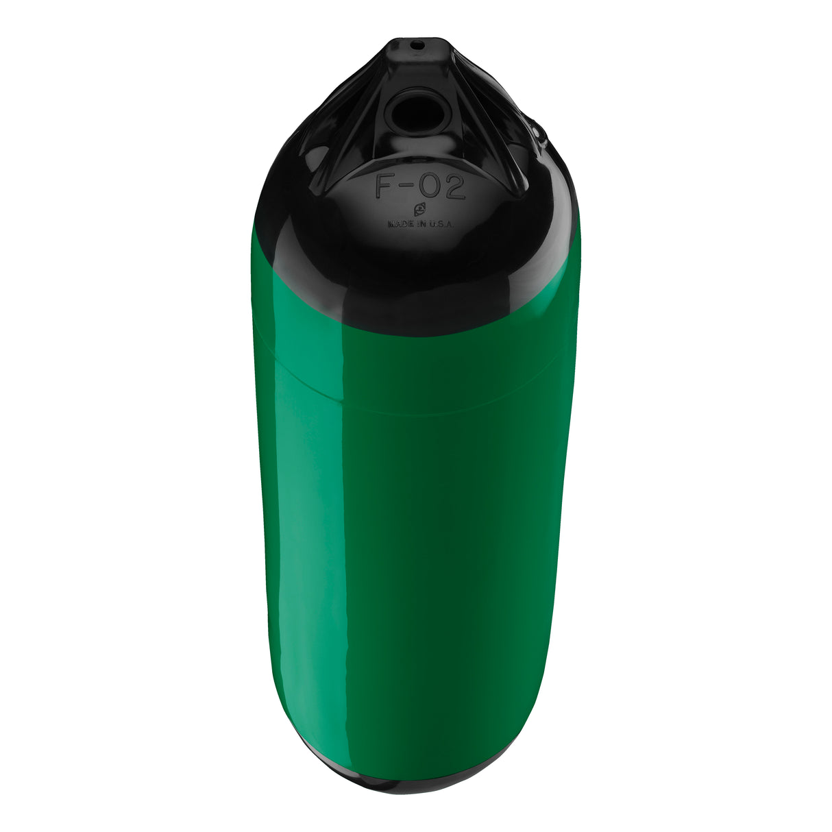 Forest Green boat fender with Black-Top, Polyform F-02 angled shot