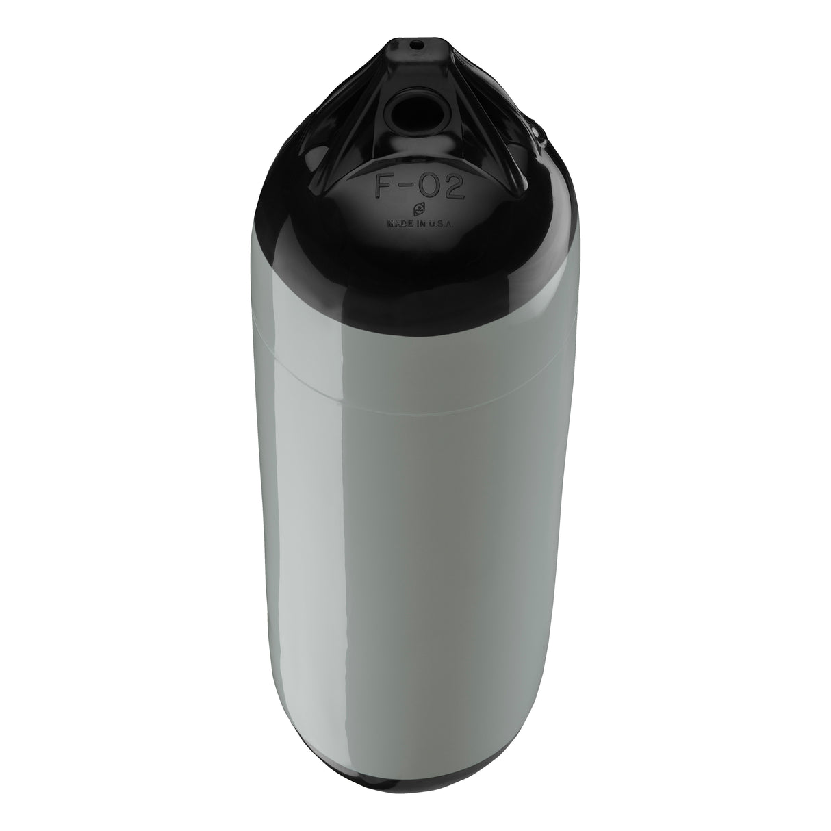 Grey boat fender with Black-Top, Polyform F-02 angled shot