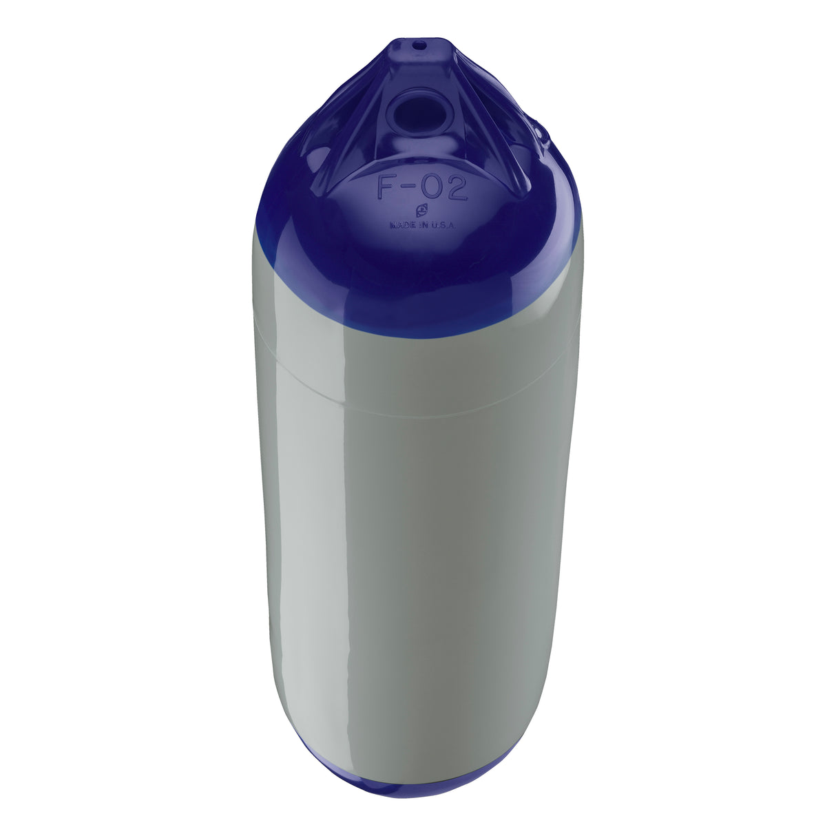 Grey boat fender with Navy-Top, Polyform F-02 angled shot