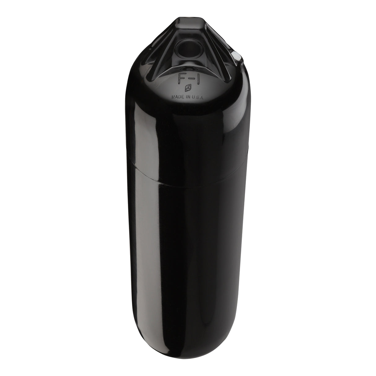 Black boat fender with Black-Top, Polyform F-1 angled shot