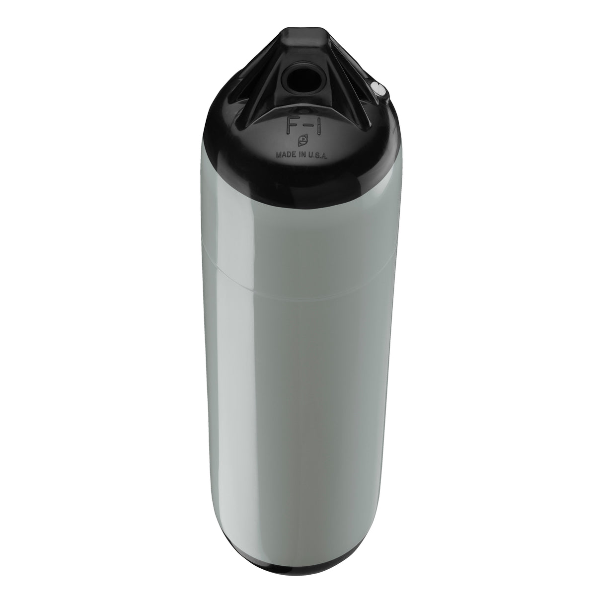 Grey boat fender with Black-Top, Polyform F-1 angled shot