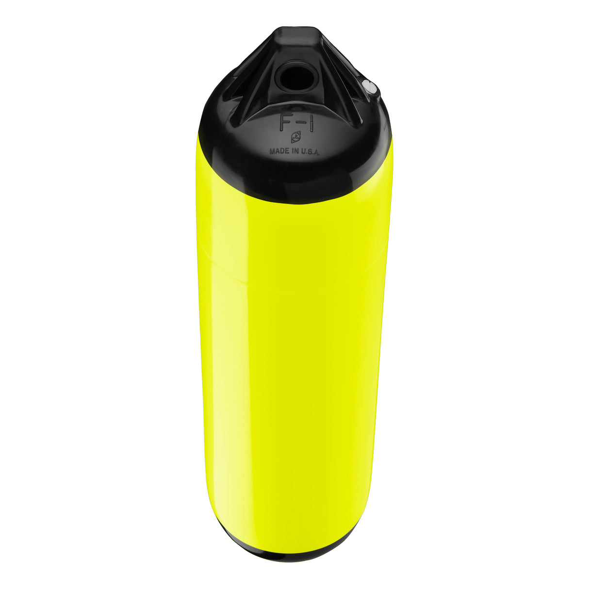 Saturn Yellow boat fender with Black-Top, Polyform F-1 angled shot