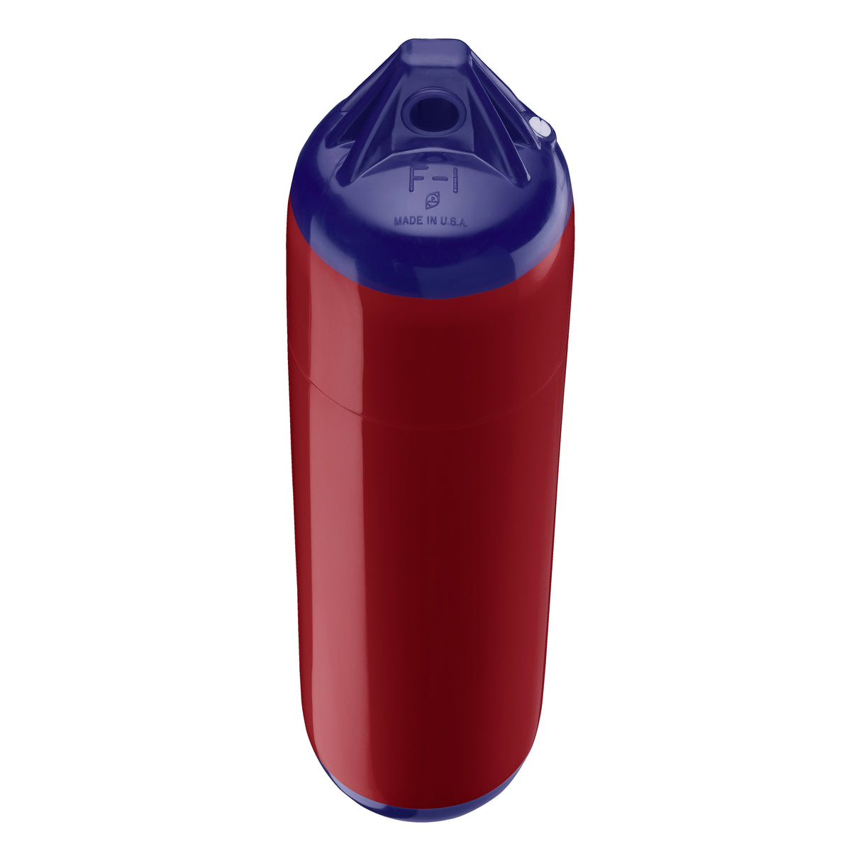 Burgundy boat fender with Navy-Top, Polyform F-1 angled shot