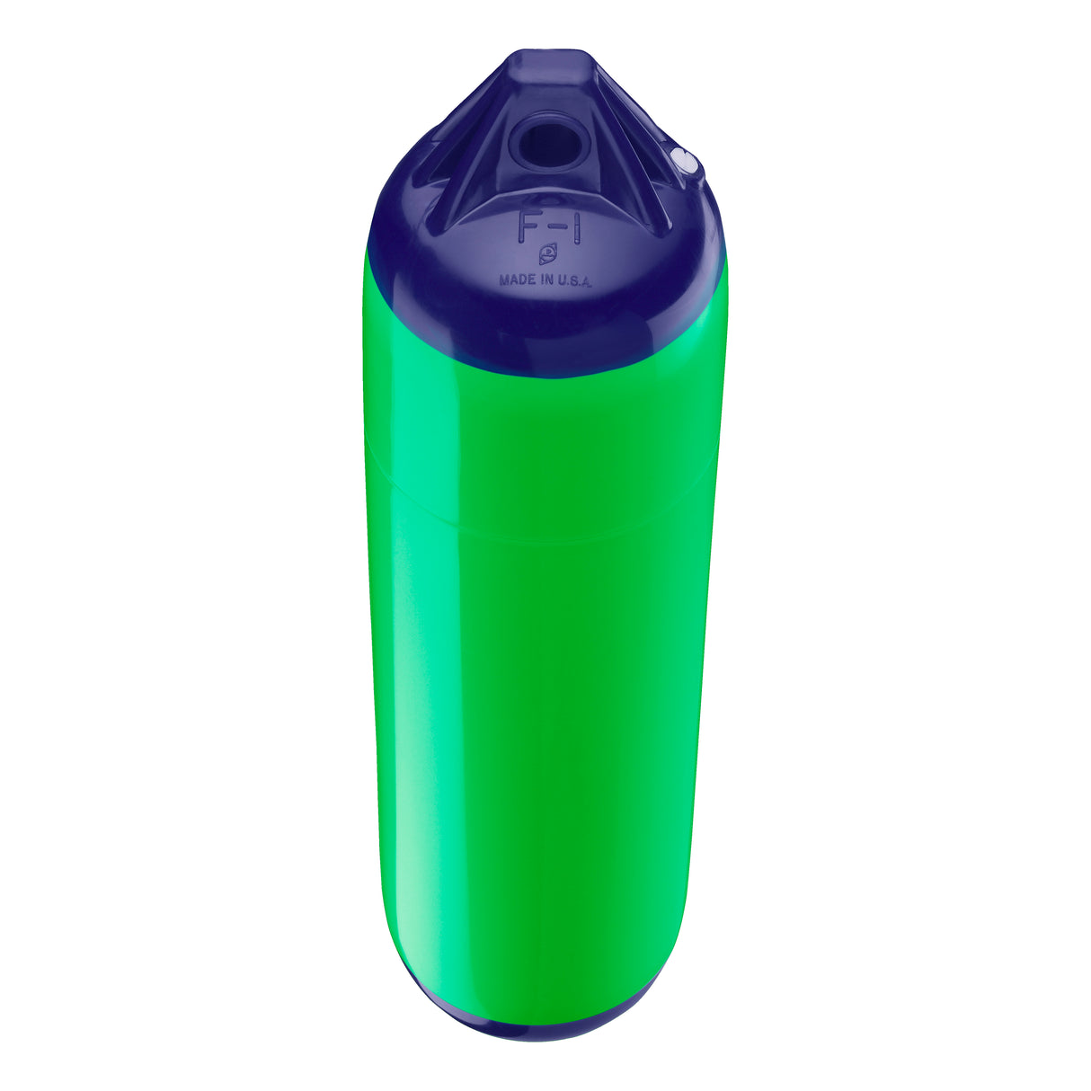 Green boat fender with Navy-Top, Polyform F-1 angled shot