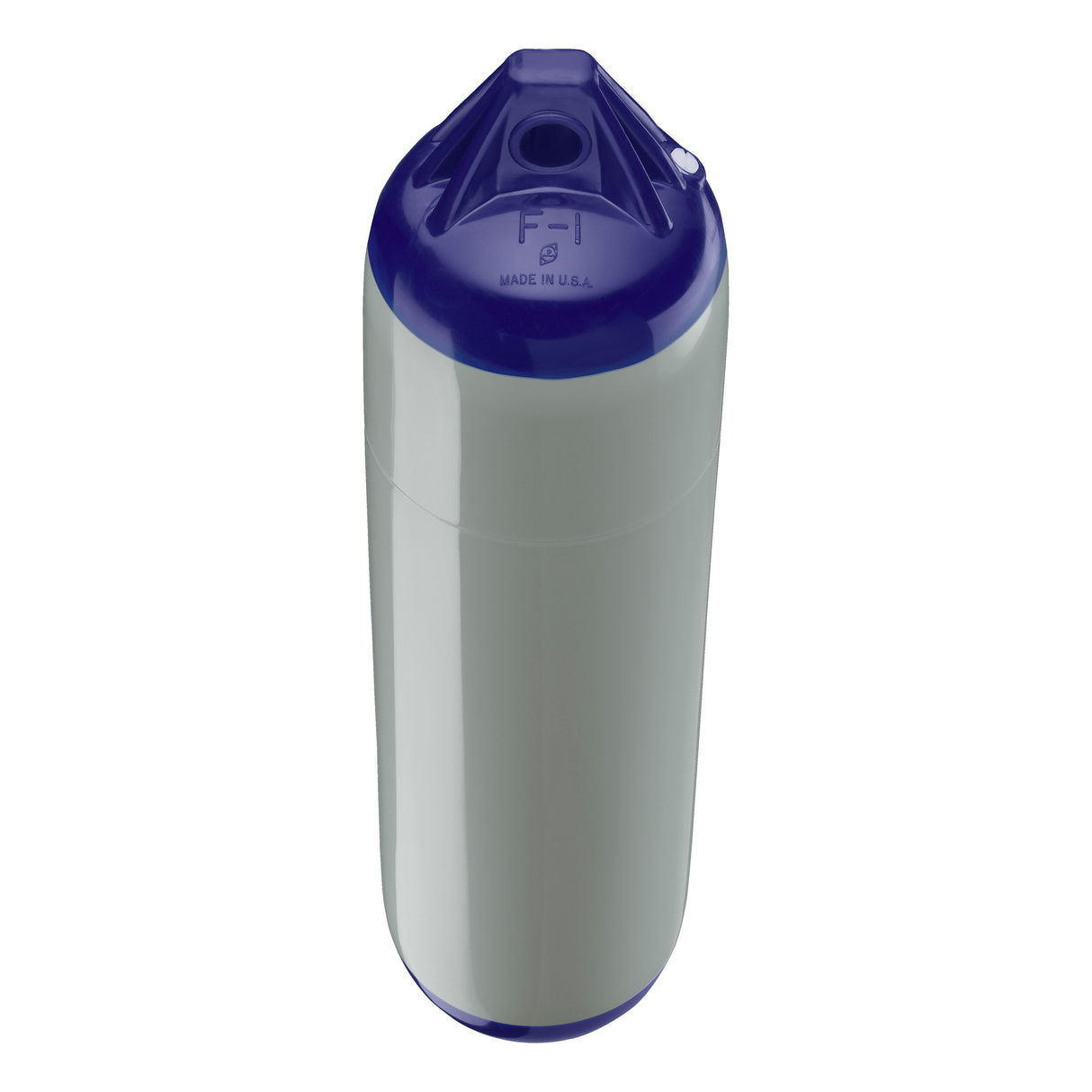 Grey boat fender with Navy-Top, Polyform F-1 angled shot