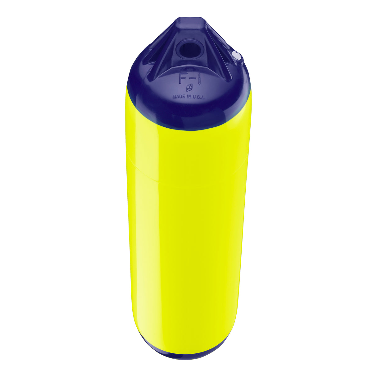 Saturn Yellow boat fender with Navy-Top, Polyform F-1 angled shot