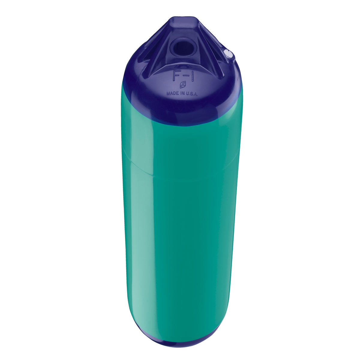 Teal boat fender with Navy-Top, Polyform F-1 angled shot