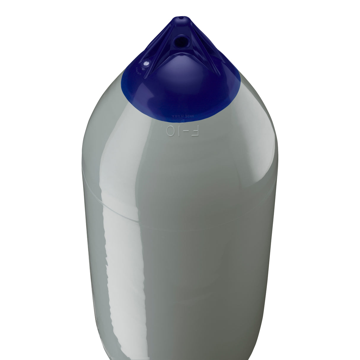 Grey boat fender with Navy-Top, Polyform F-10 angled shot