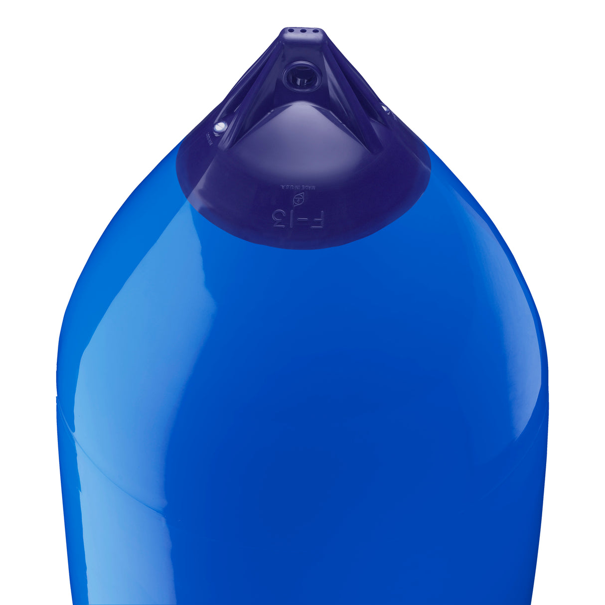 Blue boat fender with Navy-Top, Polyform F-13 angled shot