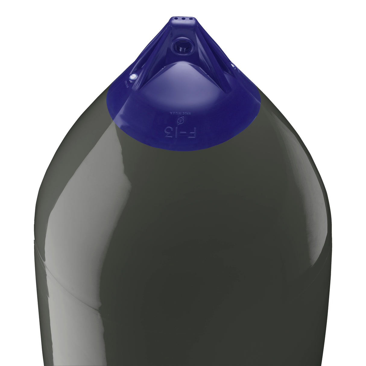 Graphite boat fender with Navy-Top, Polyform F-13 angled shot