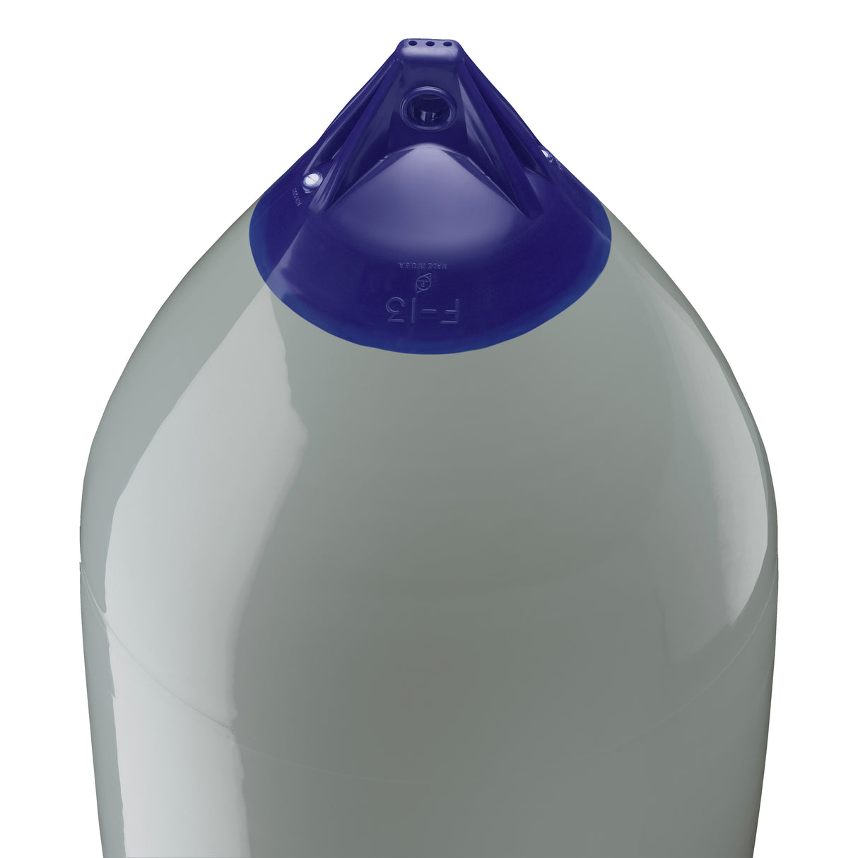 Grey boat fender with Navy-Top, Polyform F-13 angled shot