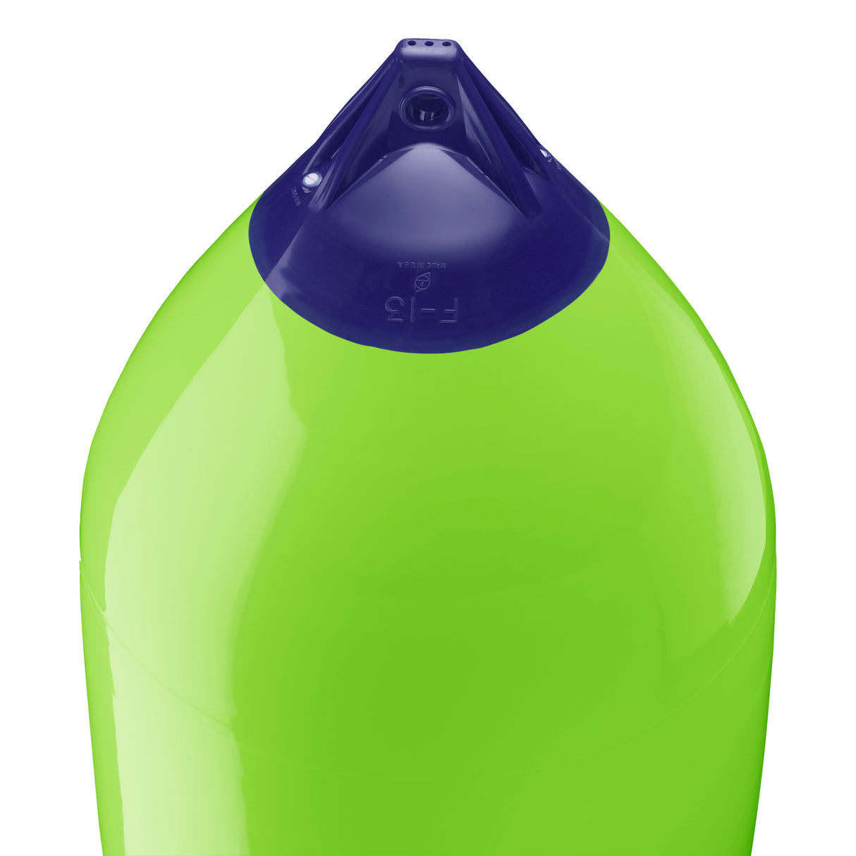 Lime boat fender with Navy-Top, Polyform F-13 angled shot