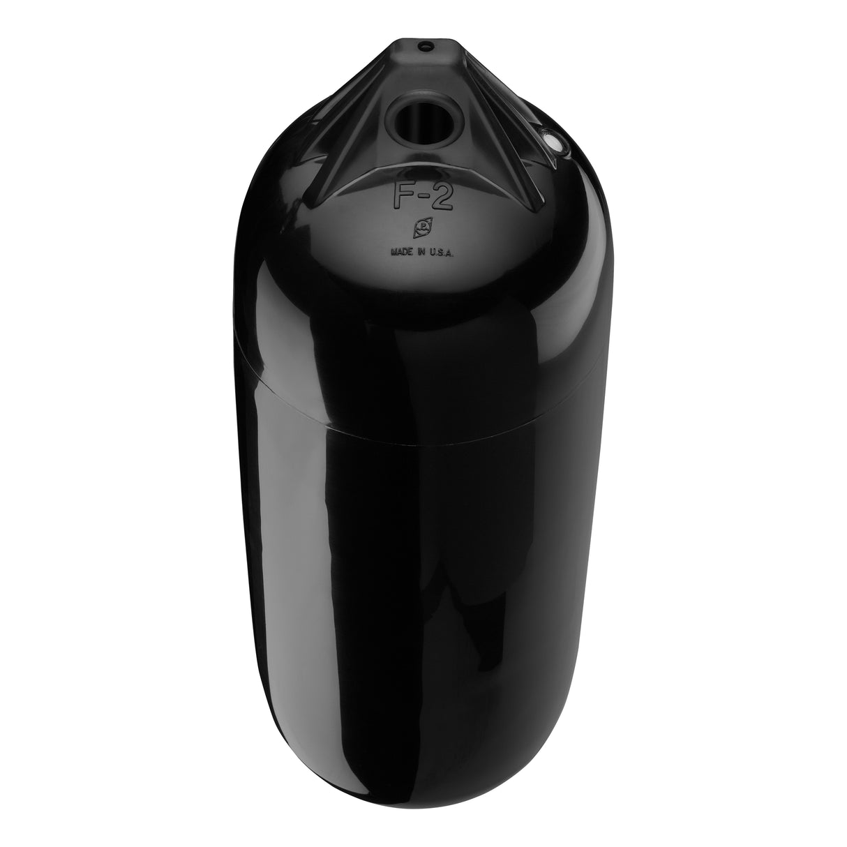 Black boat fender with Black-Top, Polyform F-2 angled shot