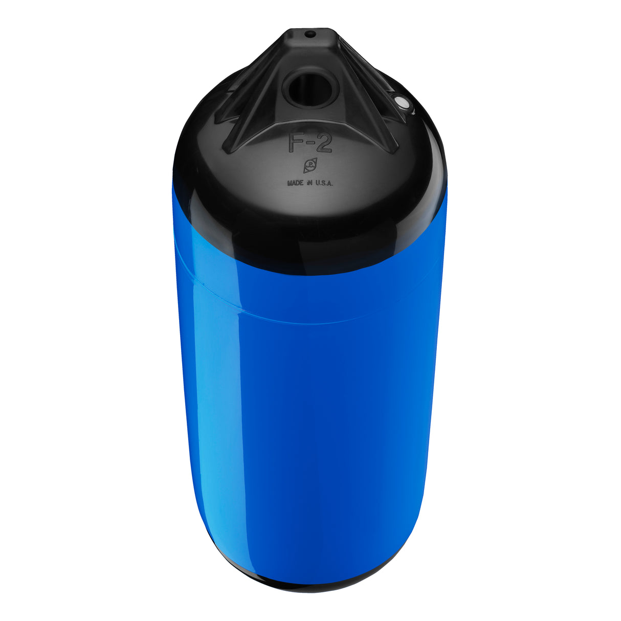 Blue boat fender with Black-Top, Polyform F-2 angled shot