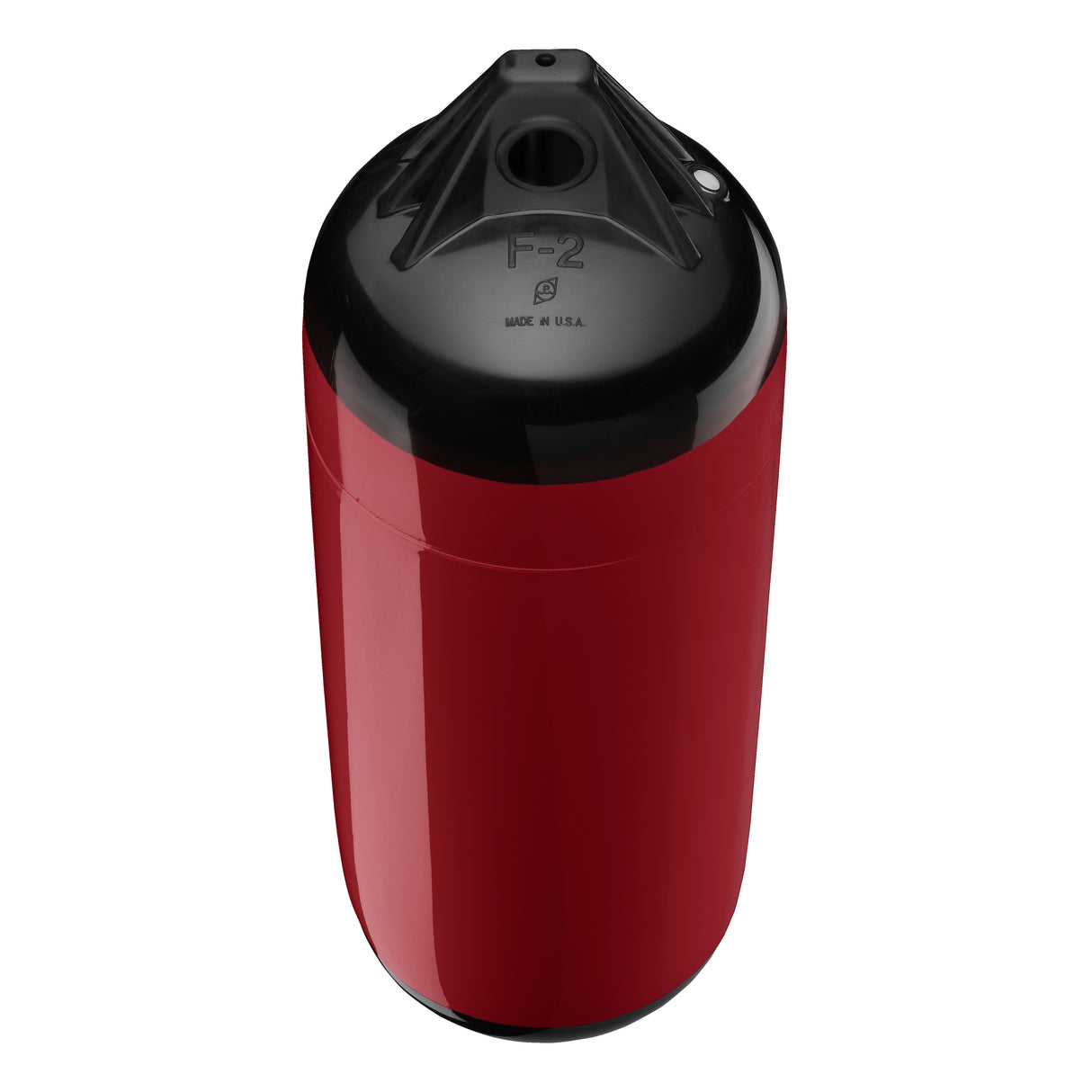 Burgundy boat fender with Black-Top, Polyform F-2 angled shot