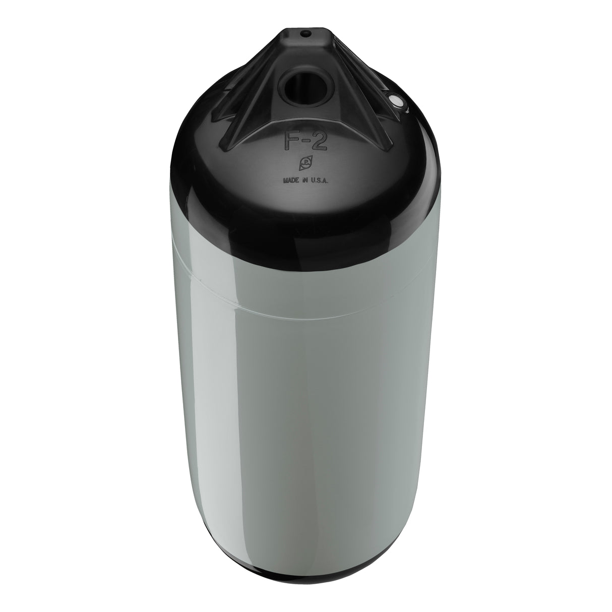Grey boat fender with Black-Top, Polyform F-2 angled shot