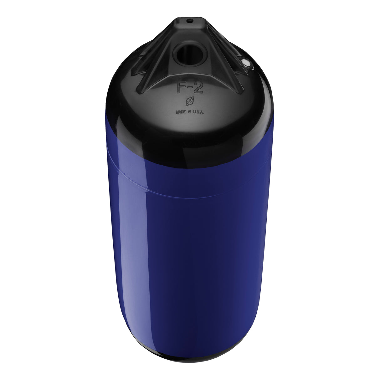 Navy Blue boat fender with Black-Top, Polyform F-2 angled shot