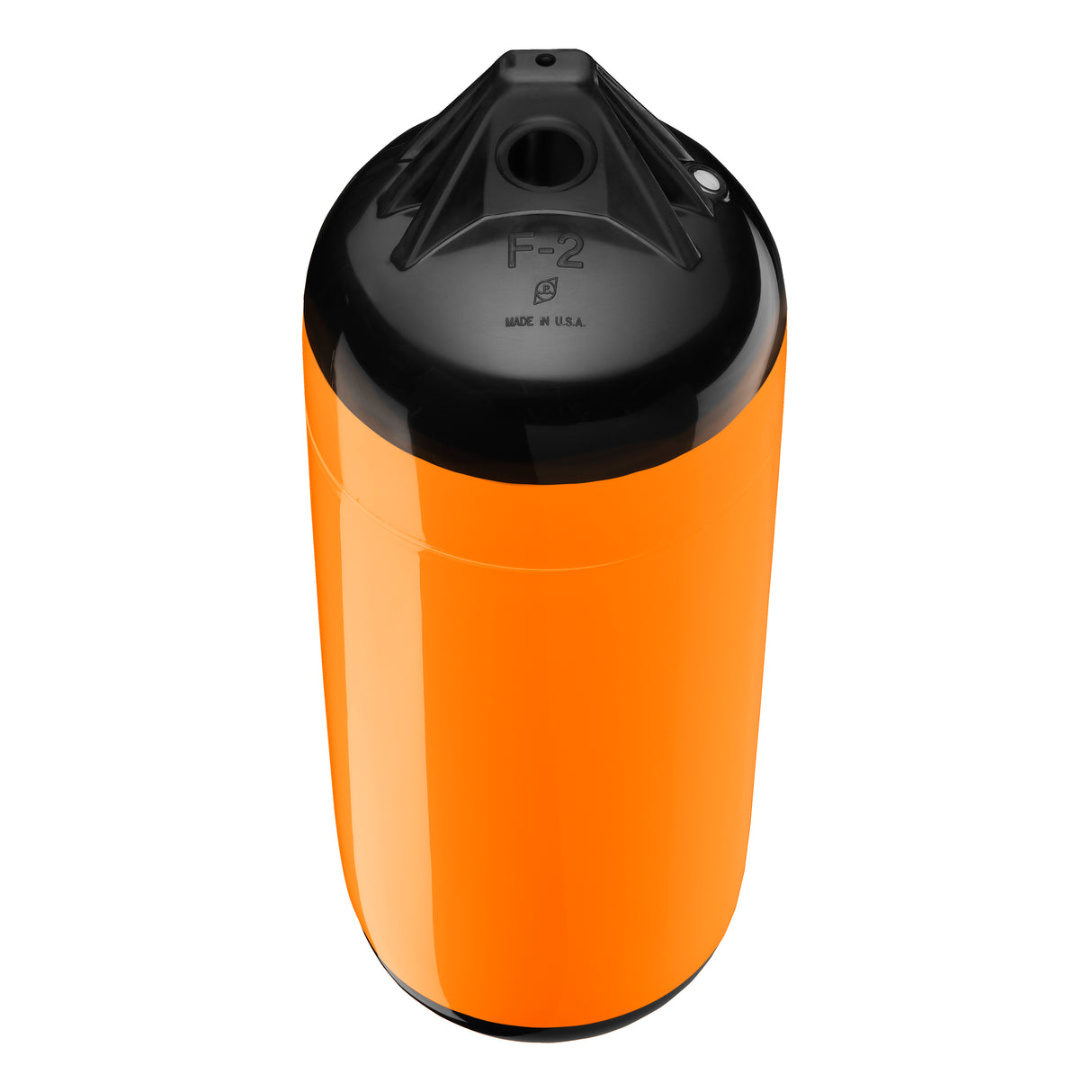 Orange boat fender with Black-Top, Polyform F-2 angled shot