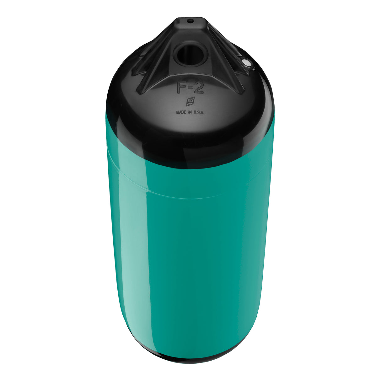 Teal boat fender with Black-Top, Polyform F-2 angled shot