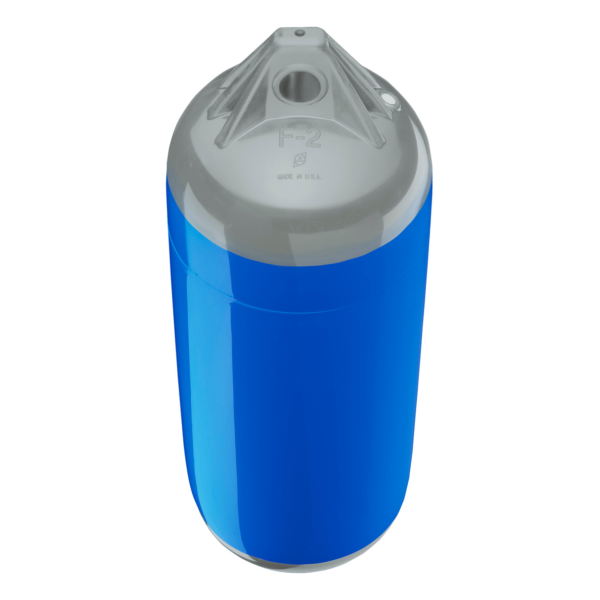 Blue boat fender with Grey-Top, Polyform F-2 angled shot