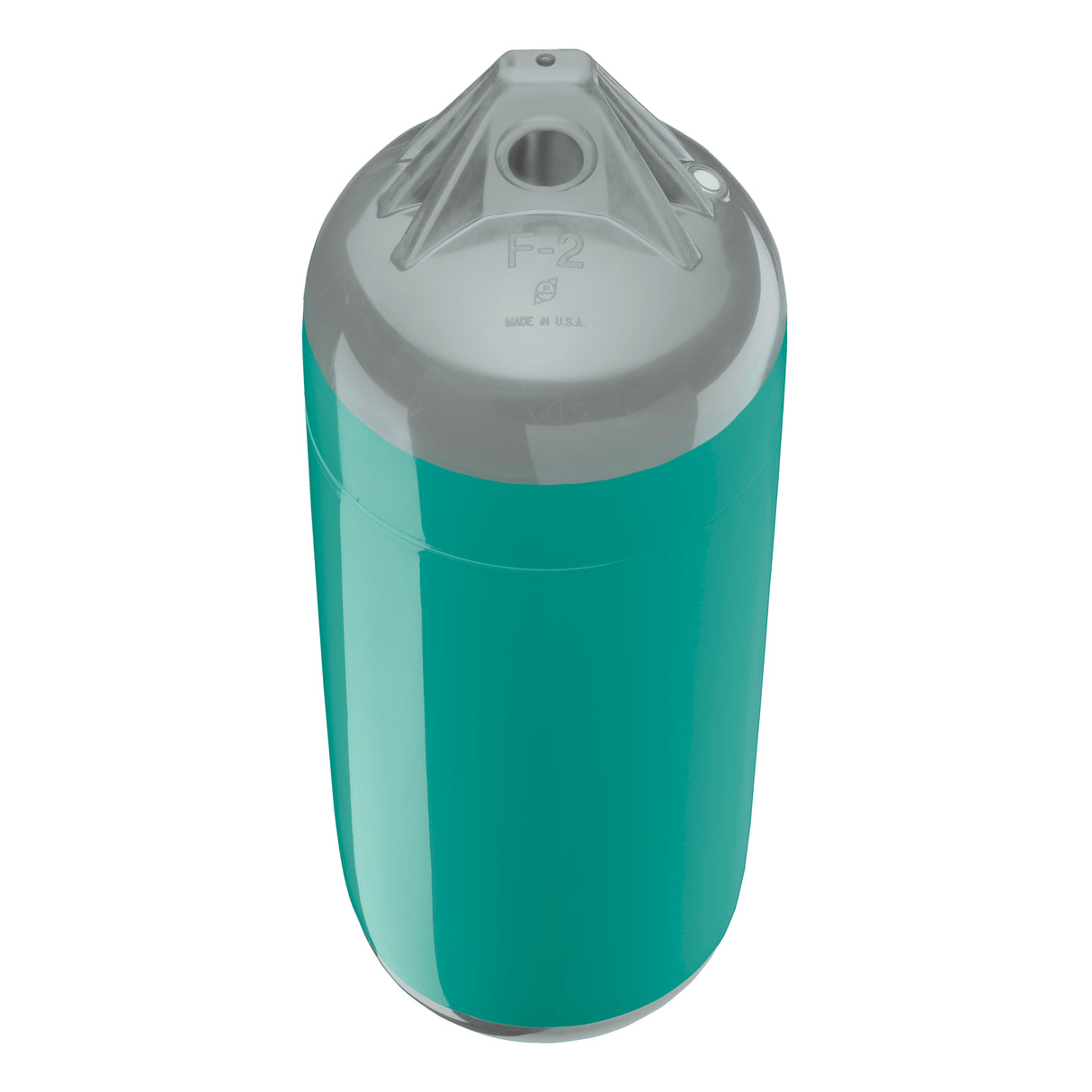 Teal boat fender with Grey-Top, Polyform F-2 angled shot