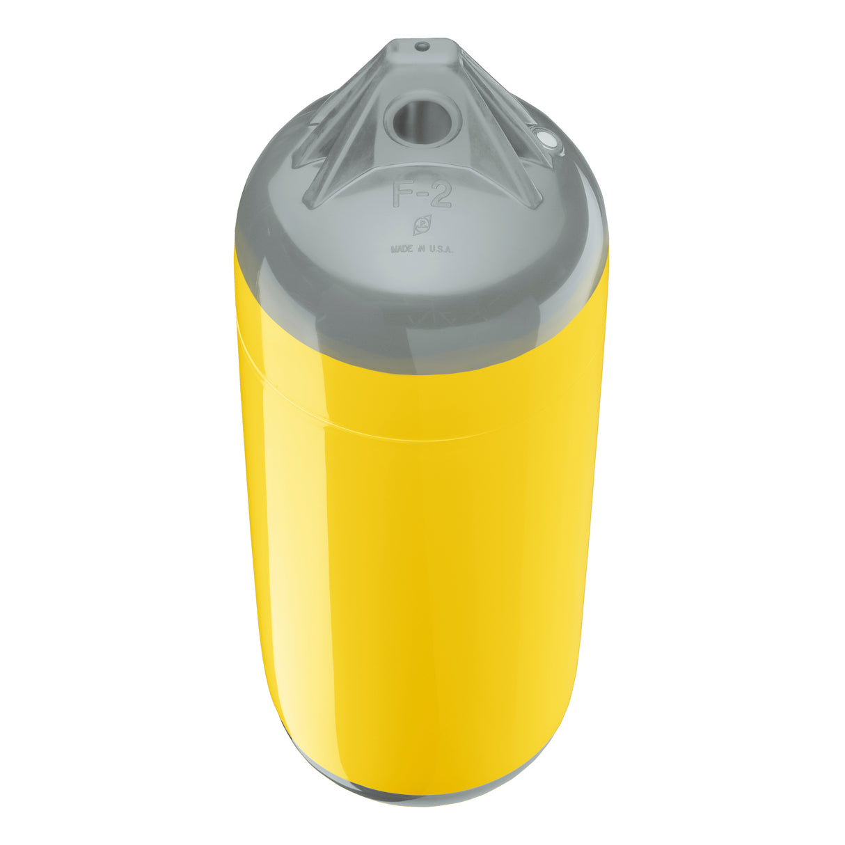 Yellow boat fender with Grey-Top, Polyform F-2 angled shot