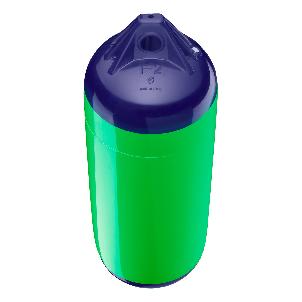 Green boat fender with Navy-Top, Polyform F-2 angled shot