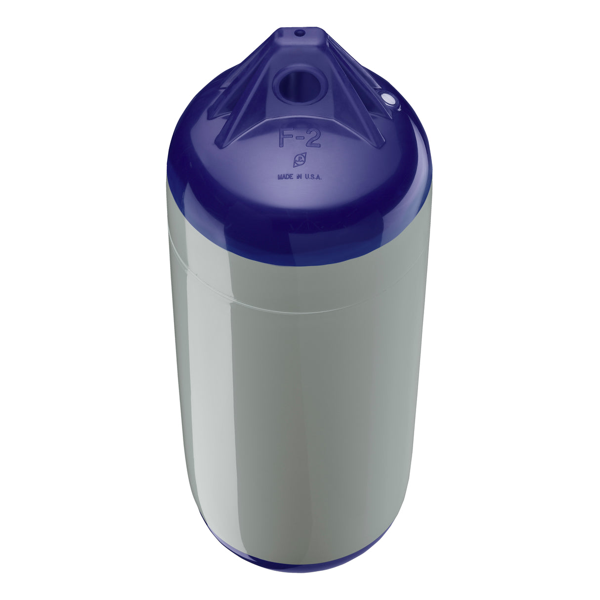 Grey boat fender with Navy-Top, Polyform F-2 angled shot