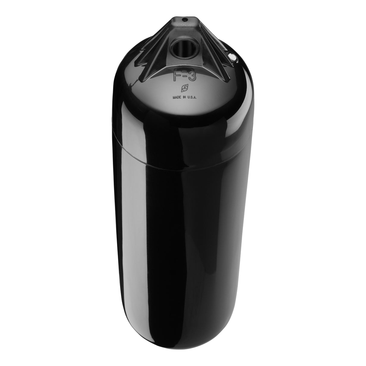 Black boat fender with Black-Top, Polyform F-3 angled shot