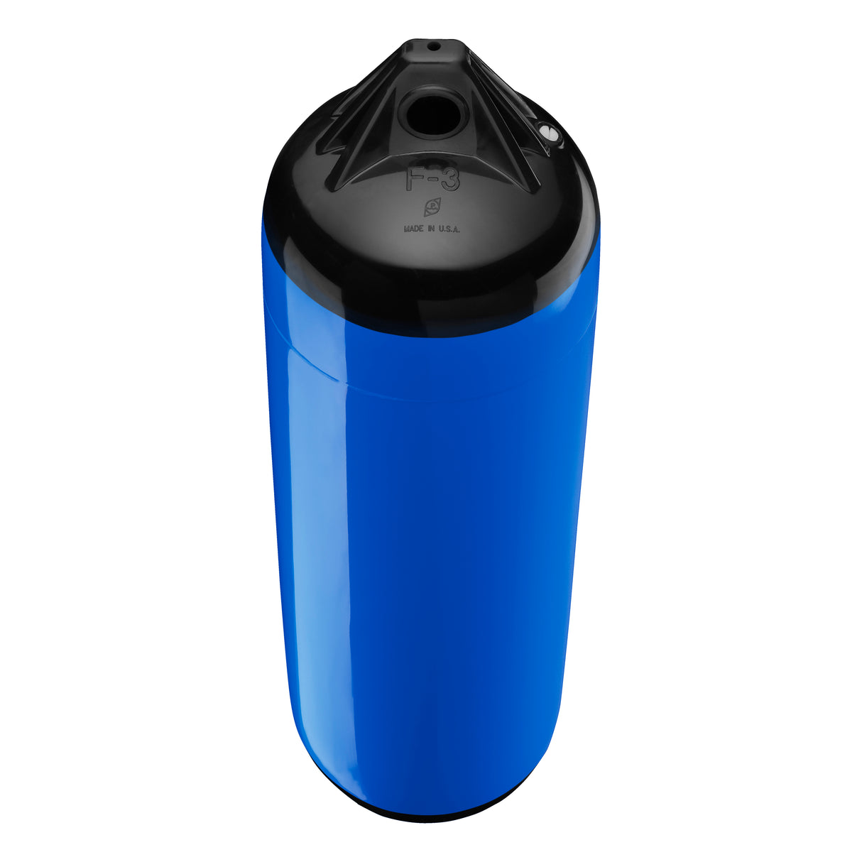 Blue boat fender with Black-Top, Polyform F-3 angled shot
