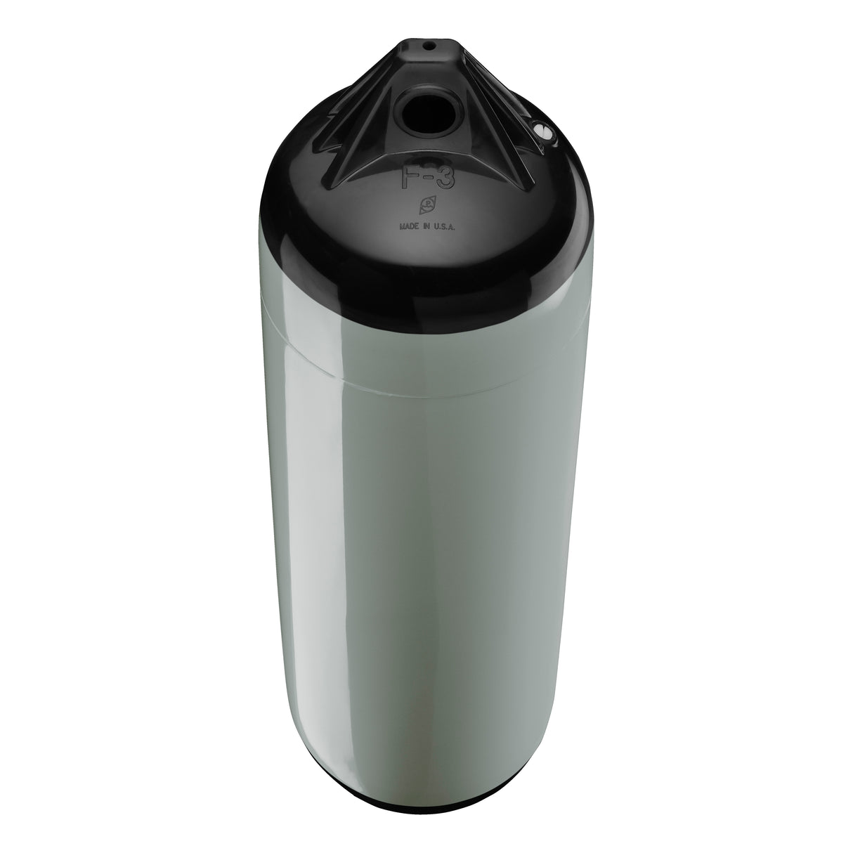 Grey boat fender with Black-Top, Polyform F-3 angled shot
