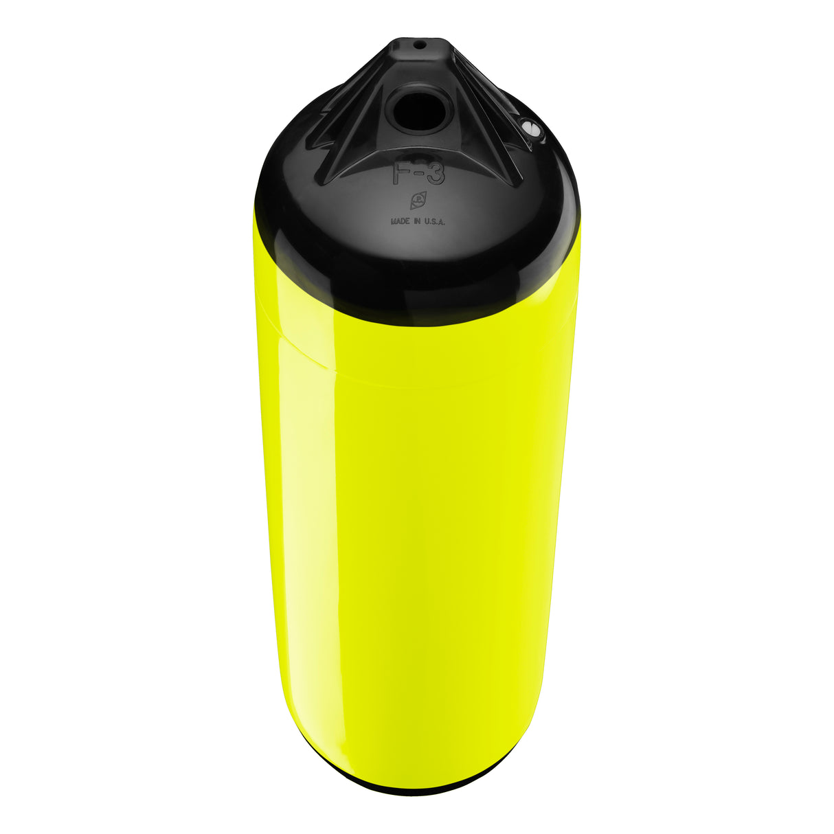 Saturn Yellow boat fender with Black-Top, Polyform F-3 angled shot