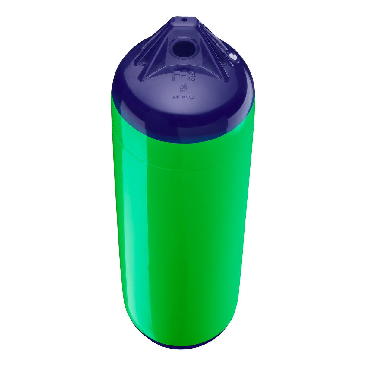 Green boat fender with Navy-Top, Polyform F-3 angled shot