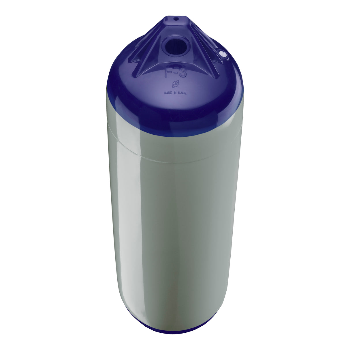 Grey boat fender with Navy-Top, Polyform F-3 angled shot