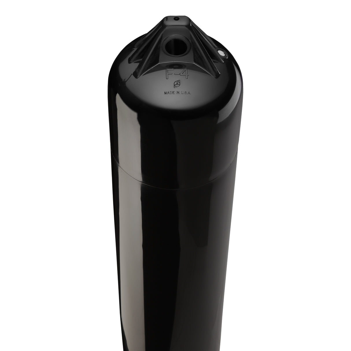 Black boat fender with Black-Top, Polyform F-4 angled shot