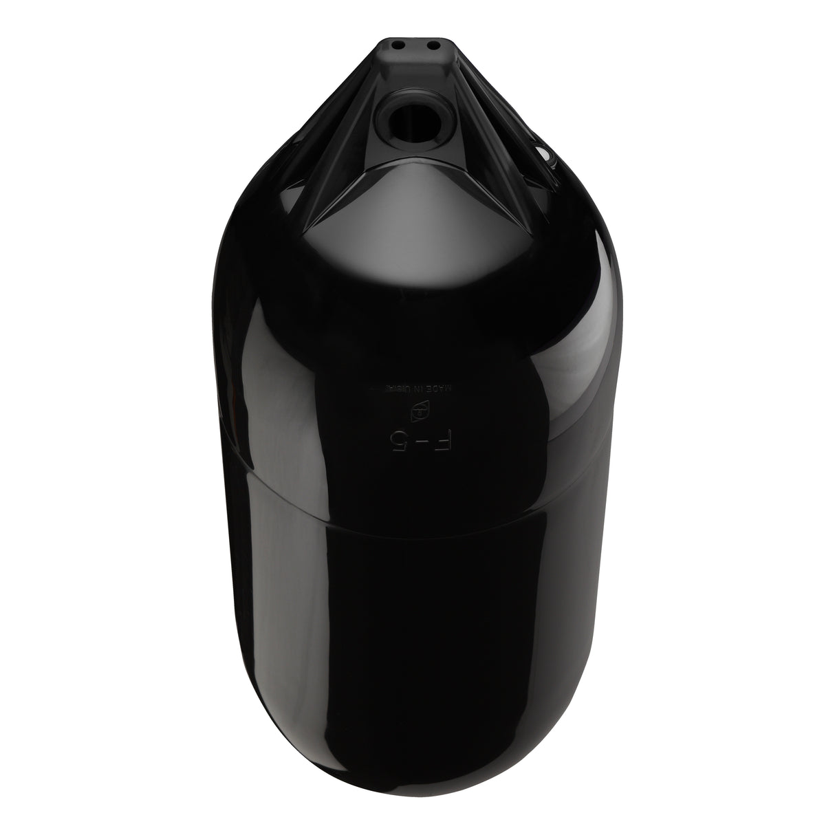 Black boat fender with Black-Top, Polyform F-5 angled shot