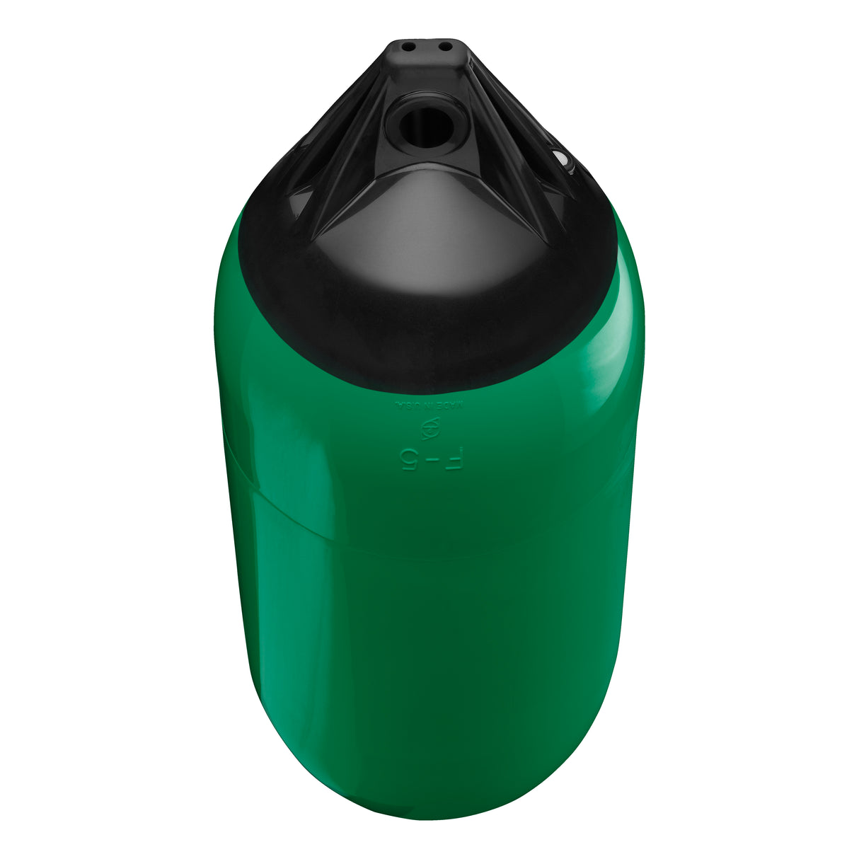 Forest Green boat fender with Black-Top, Polyform F-5 angled shot