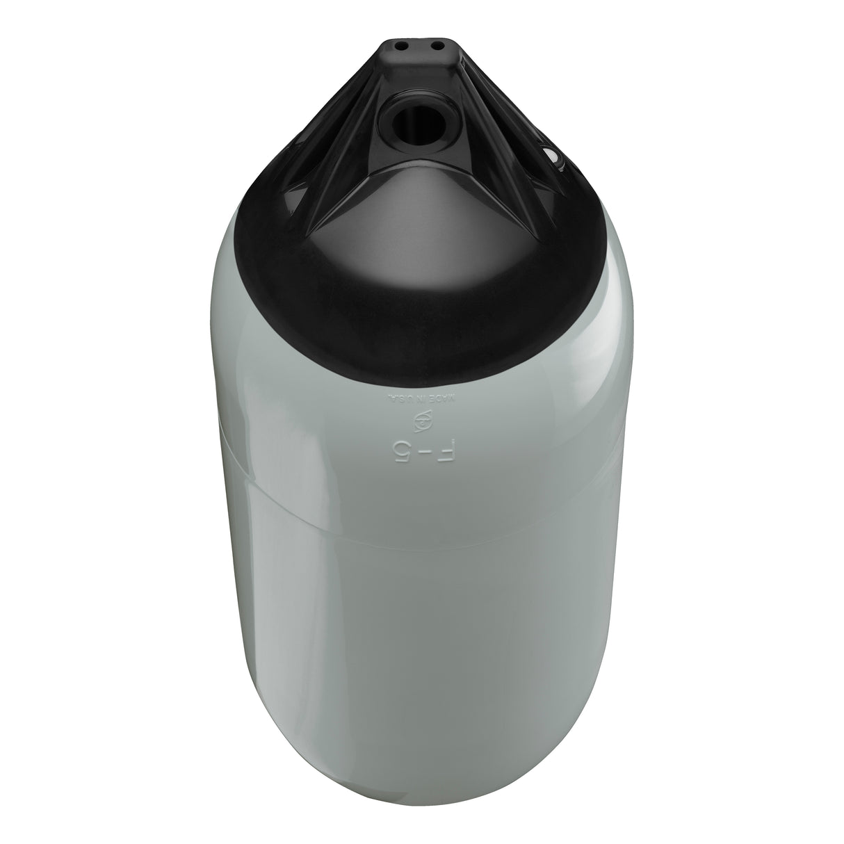 Grey boat fender with Black-Top, Polyform F-5 angled shot