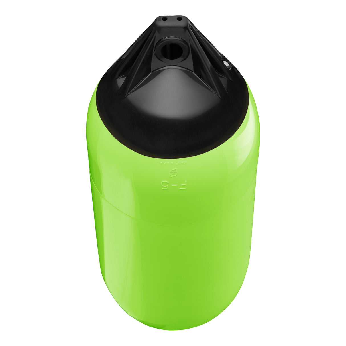 Lime boat fender with Black-Top, Polyform F-5 angled shot