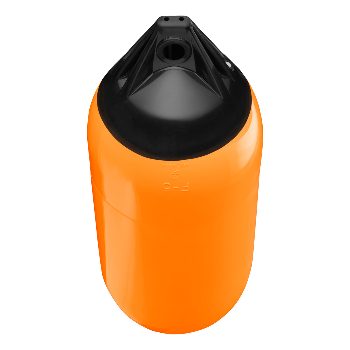 Orange boat fender with Black-Top, Polyform F-5 angled shot