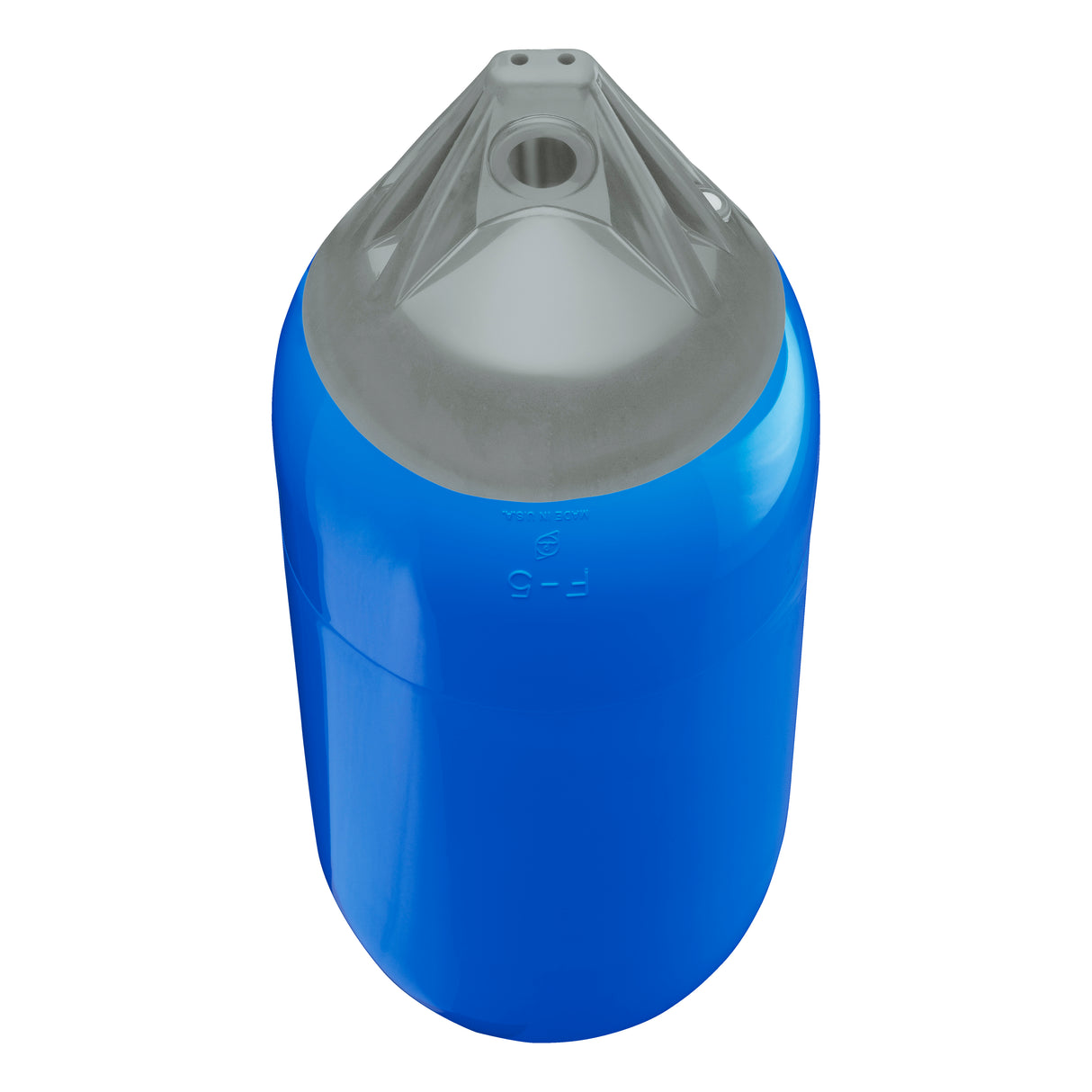 Blue boat fender with Grey-Top, Polyform F-5 angled shot