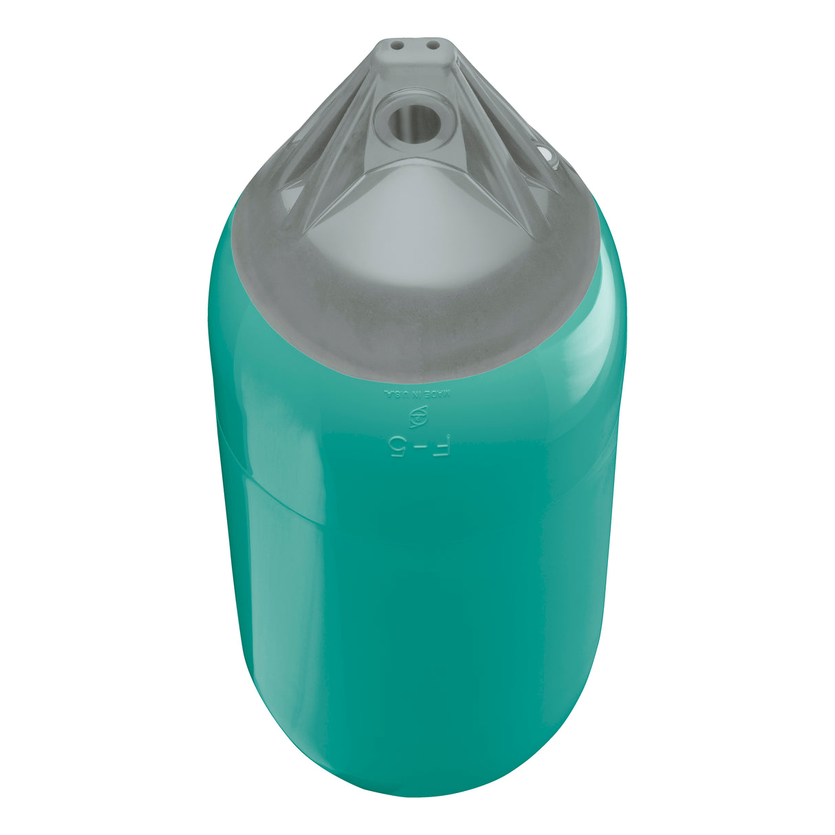 Teal boat fender with Grey-Top, Polyform F-5 angled shot