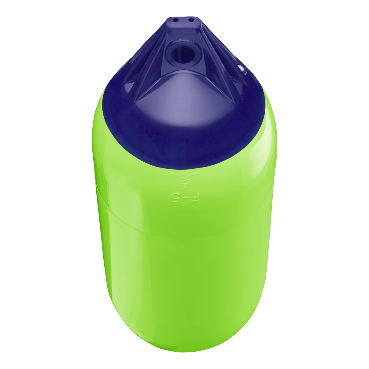 Lime boat fender with Navy-Top, Polyform F-5 angled shot